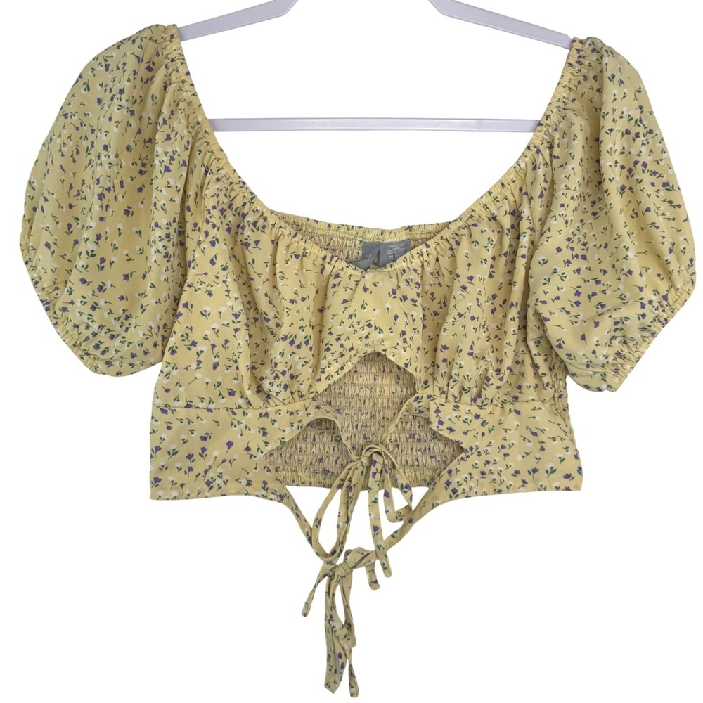 Sky & Sparrow Yellow Floral Puff Sleeve Smocked Crop Top Large Cutout Tie Front
